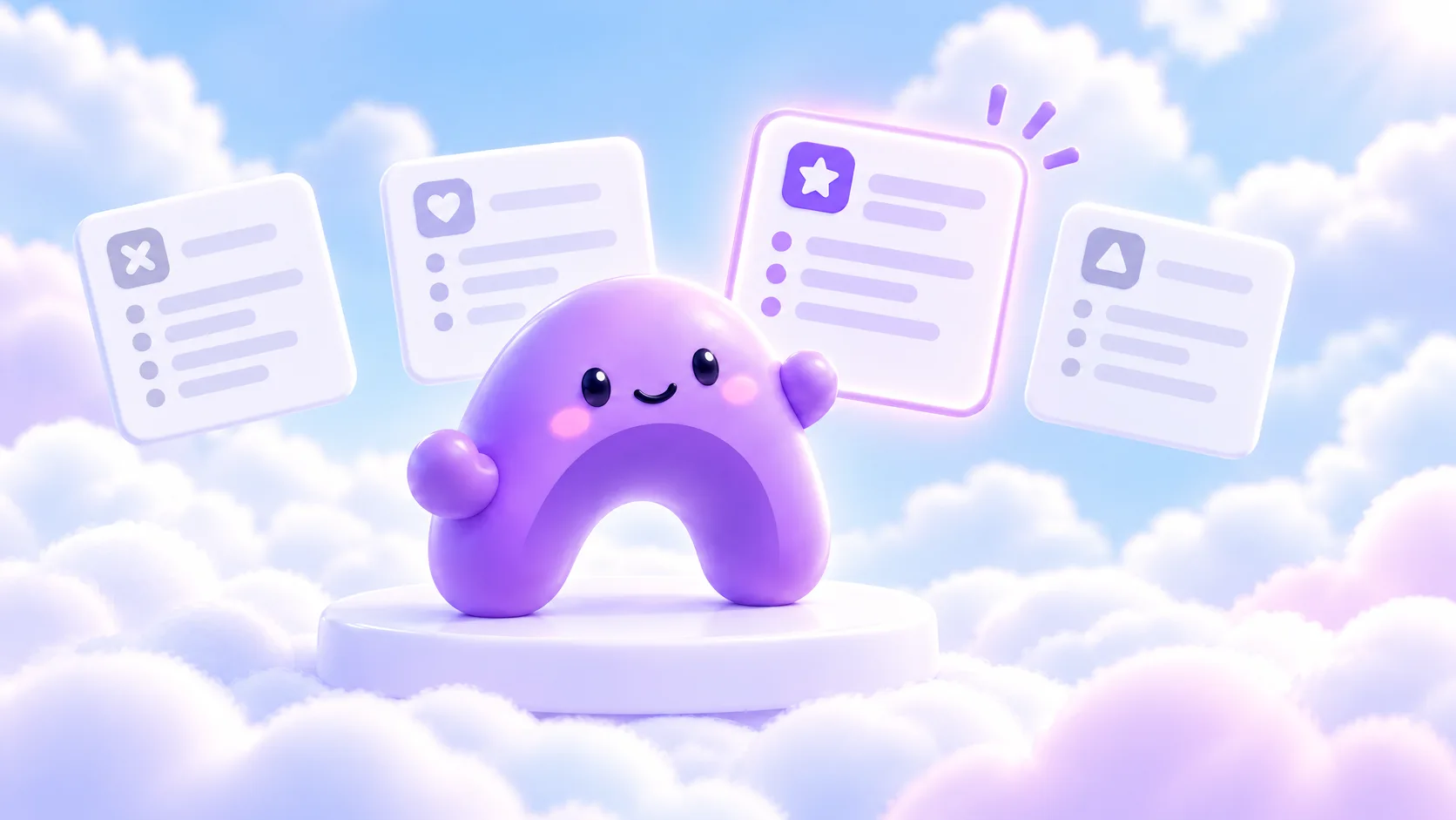 The purple Ariyel arch character stands on a podium in front of floating comparison cards, one highlighted with a purple star as the best pick.