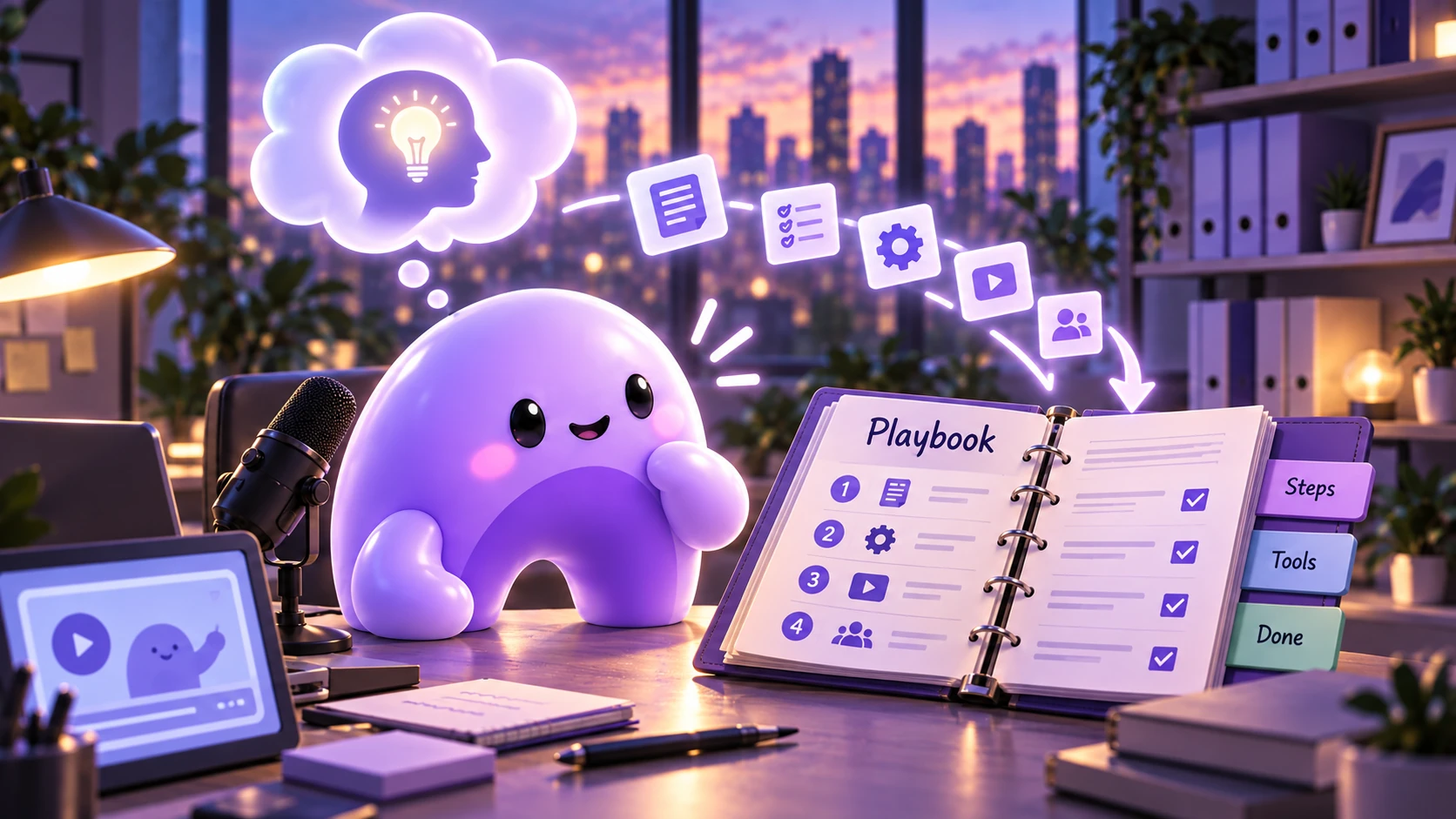 A purple Ariyel mascot turns ideas into a documented playbook with clear steps, tools, and completion checklists.