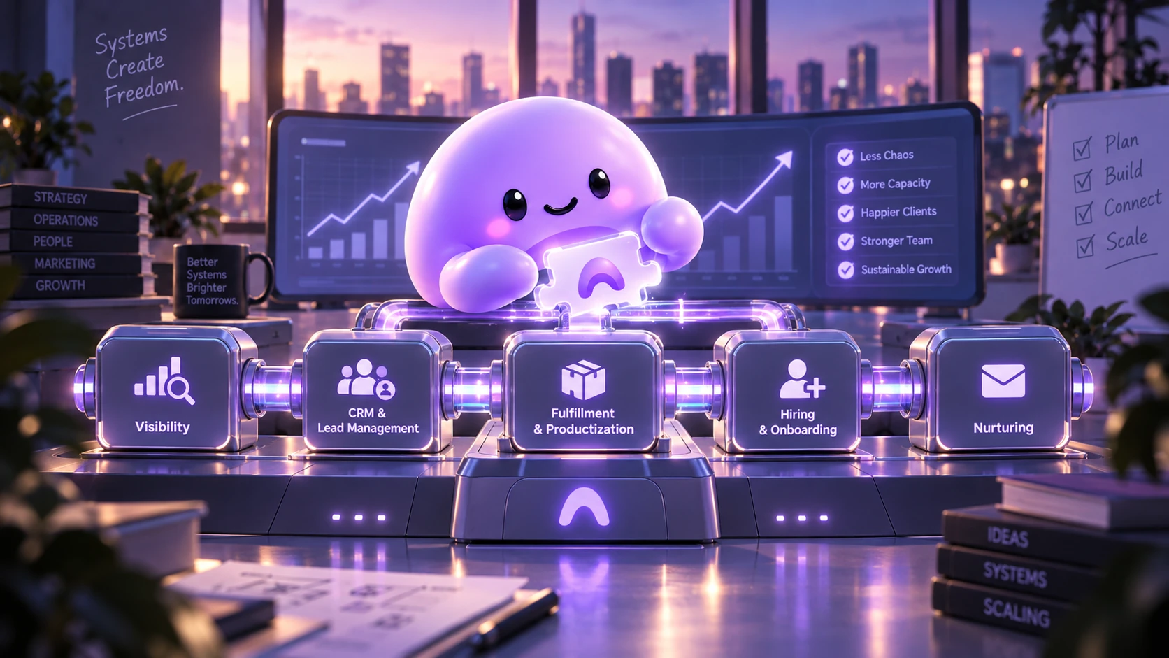 A purple Ariyel mascot stands above five connected systems for visibility, CRM, fulfillment, hiring, and nurturing.