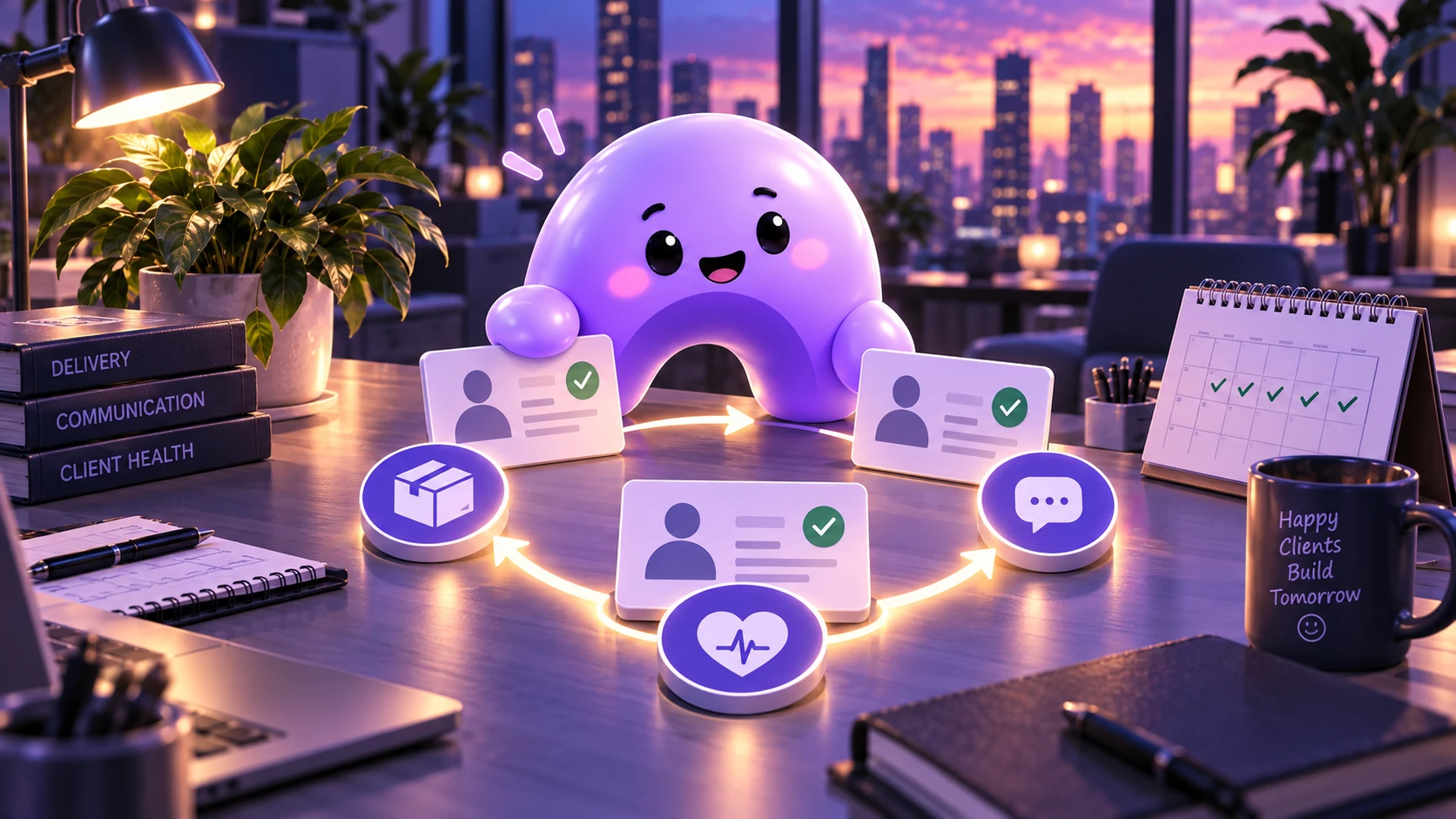A purple Ariyel mascot maintains healthy client relationships through consistent delivery, communication, and a connected care loop.