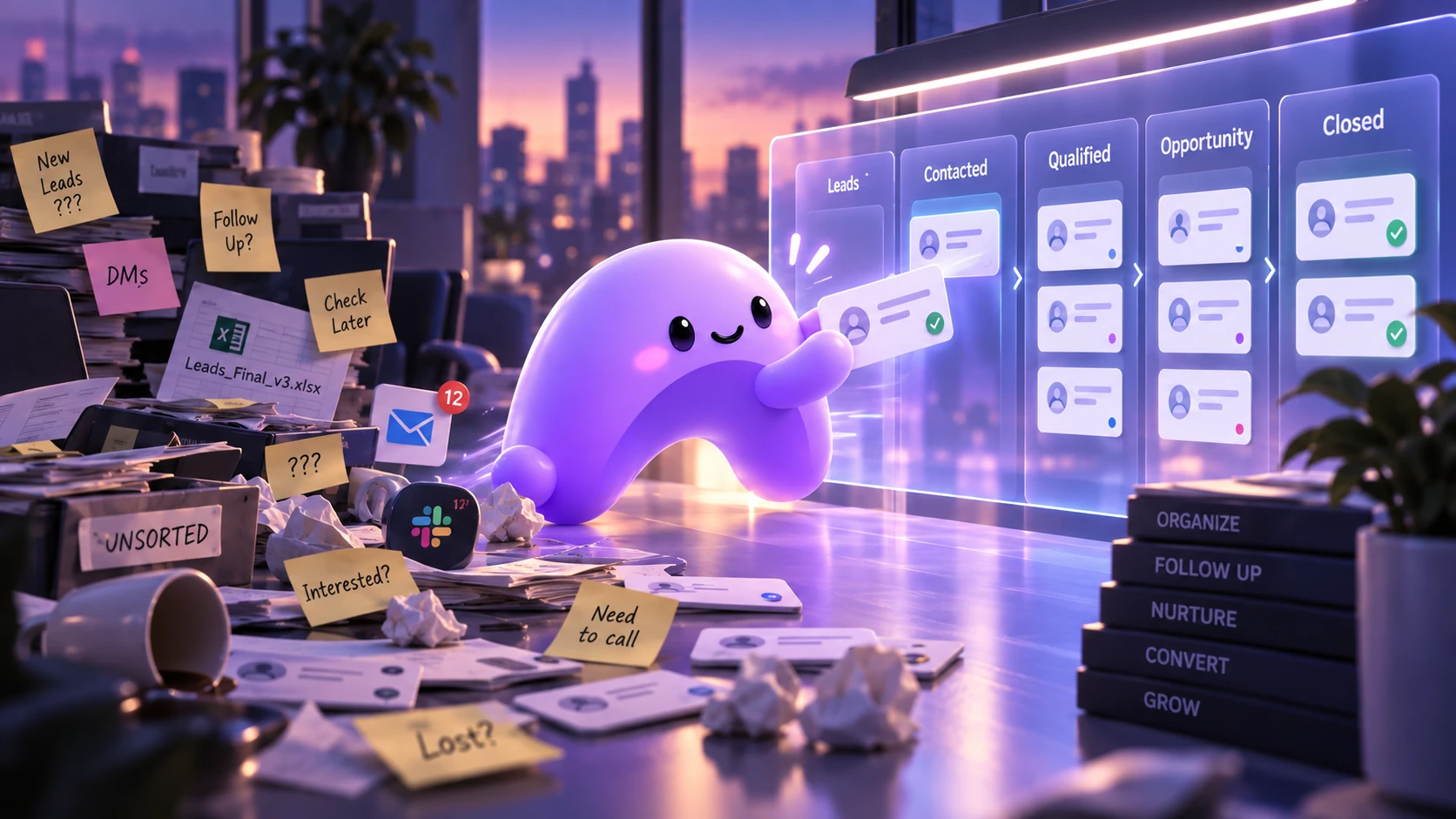 A purple Ariyel mascot organizes scattered lead notes into a CRM board with leads, contacted, qualified, opportunity, and closed stages.