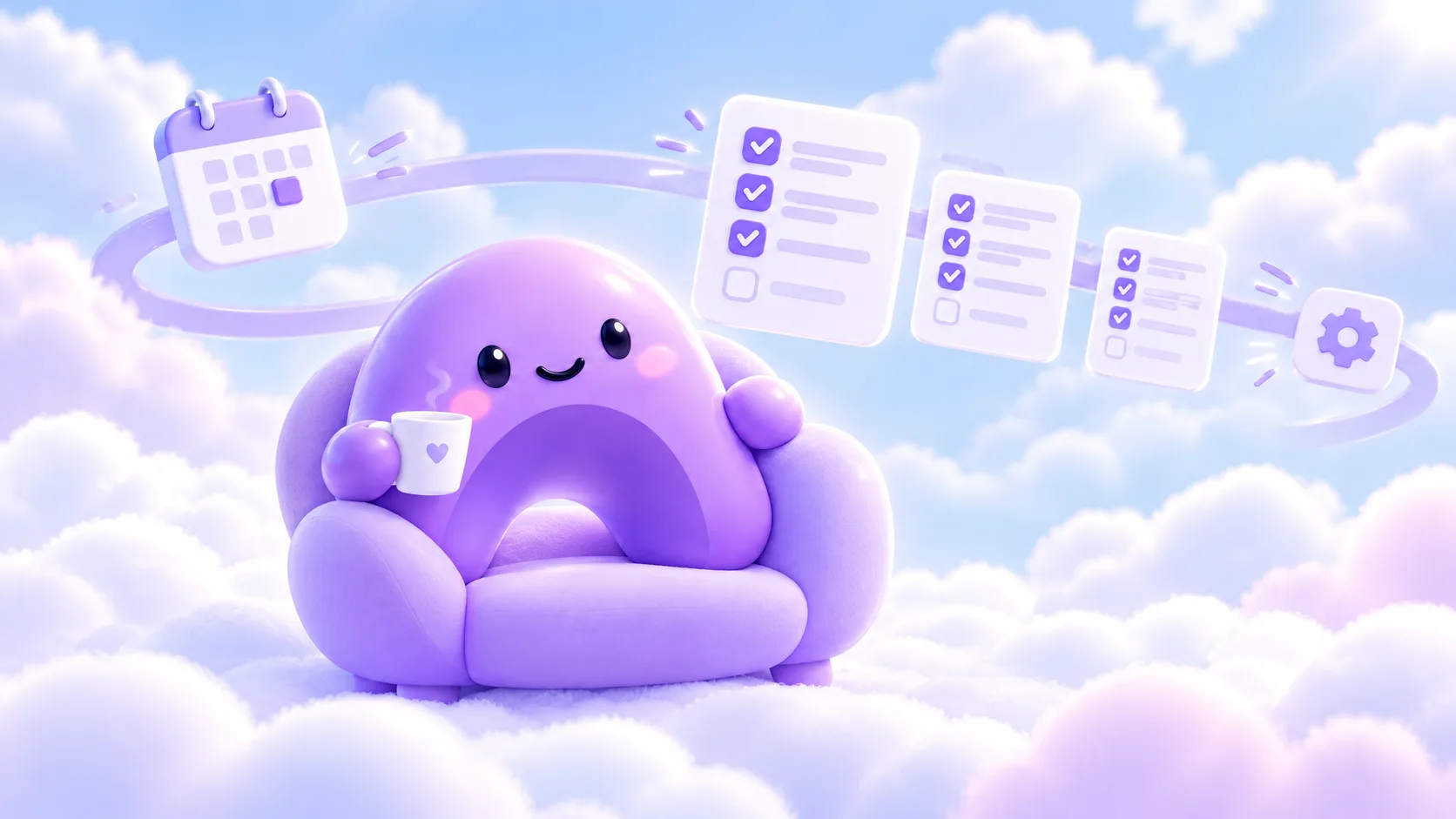 The purple Ariyel arch character relaxes in a lounge chair with a cup while checklist and task cards keep moving on their own along a lavender track.