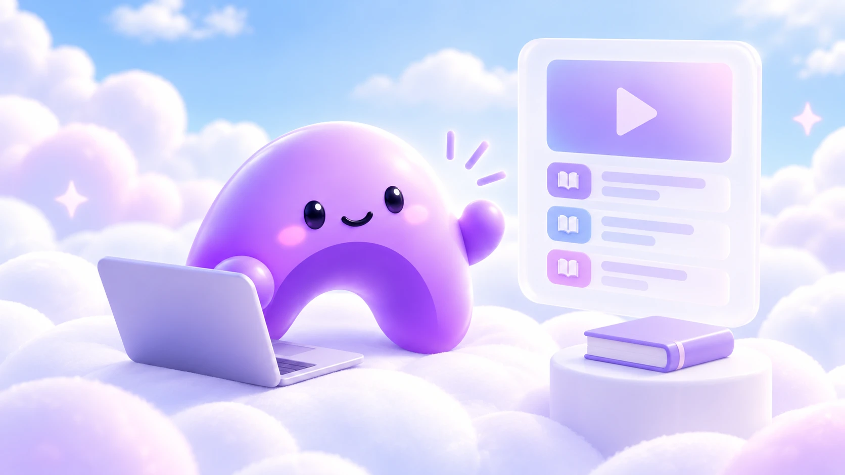 The purple Ariyel character uses a lavender laptop beside a floating video lesson and a workbook.