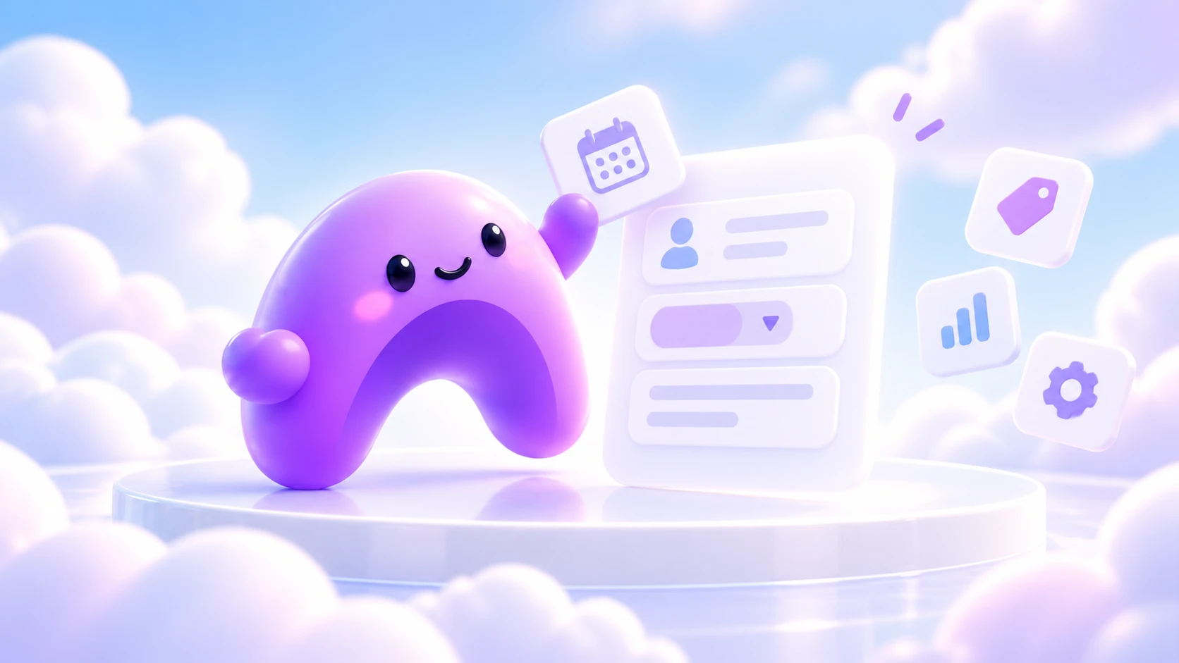 The purple Ariyel character assembles a customer record using calendar, choice, and person field tiles.