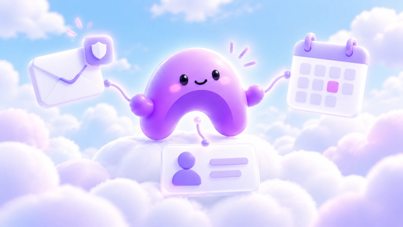 The purple Ariyel character connects an envelope, a calendar, and a customer card beside a small privacy shield.