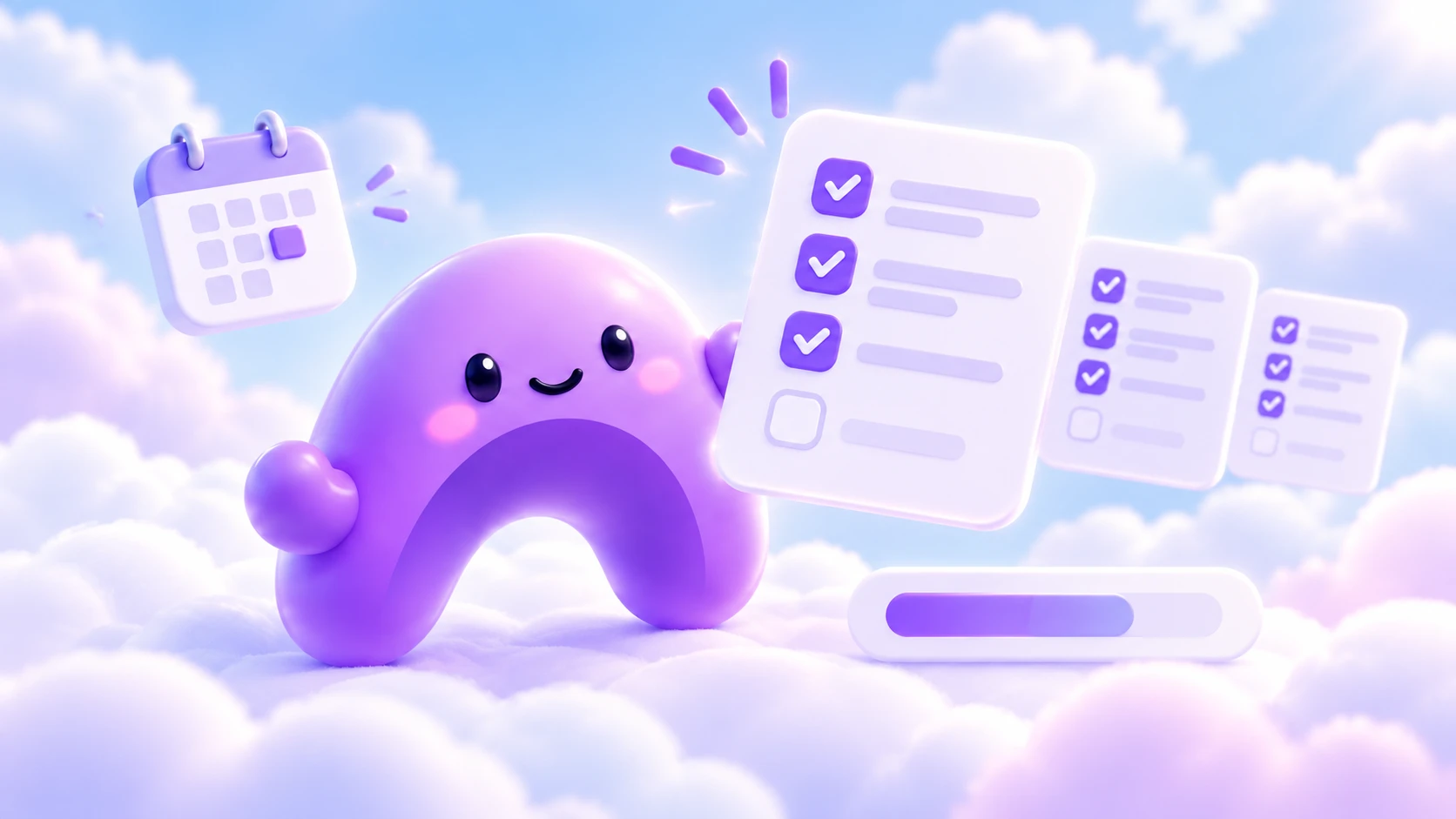 The purple Ariyel character presents a delivery checklist beside matching template cards.
