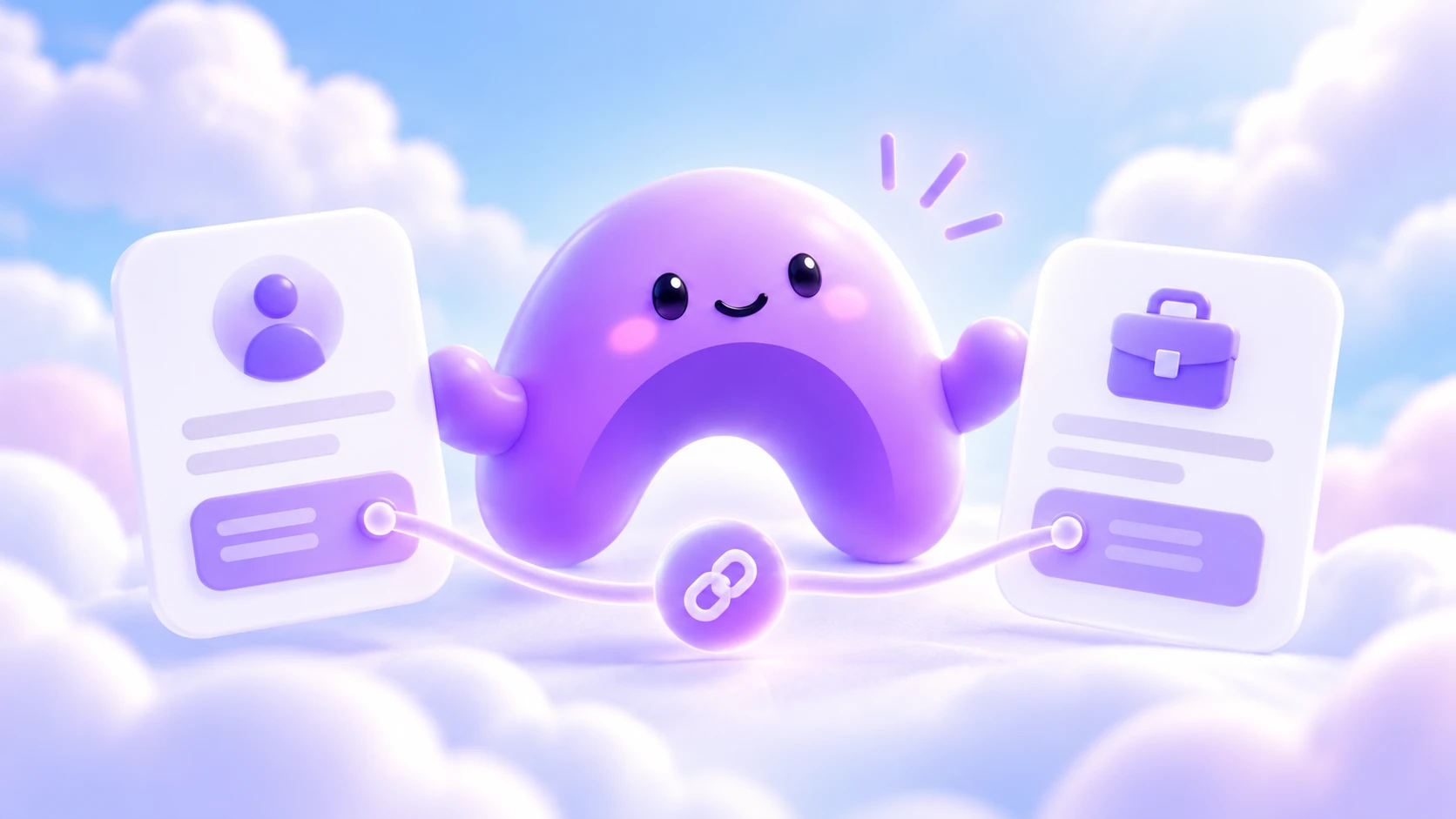 The purple Ariyel character sits between contact and deal cards connected by a lavender ribbon.