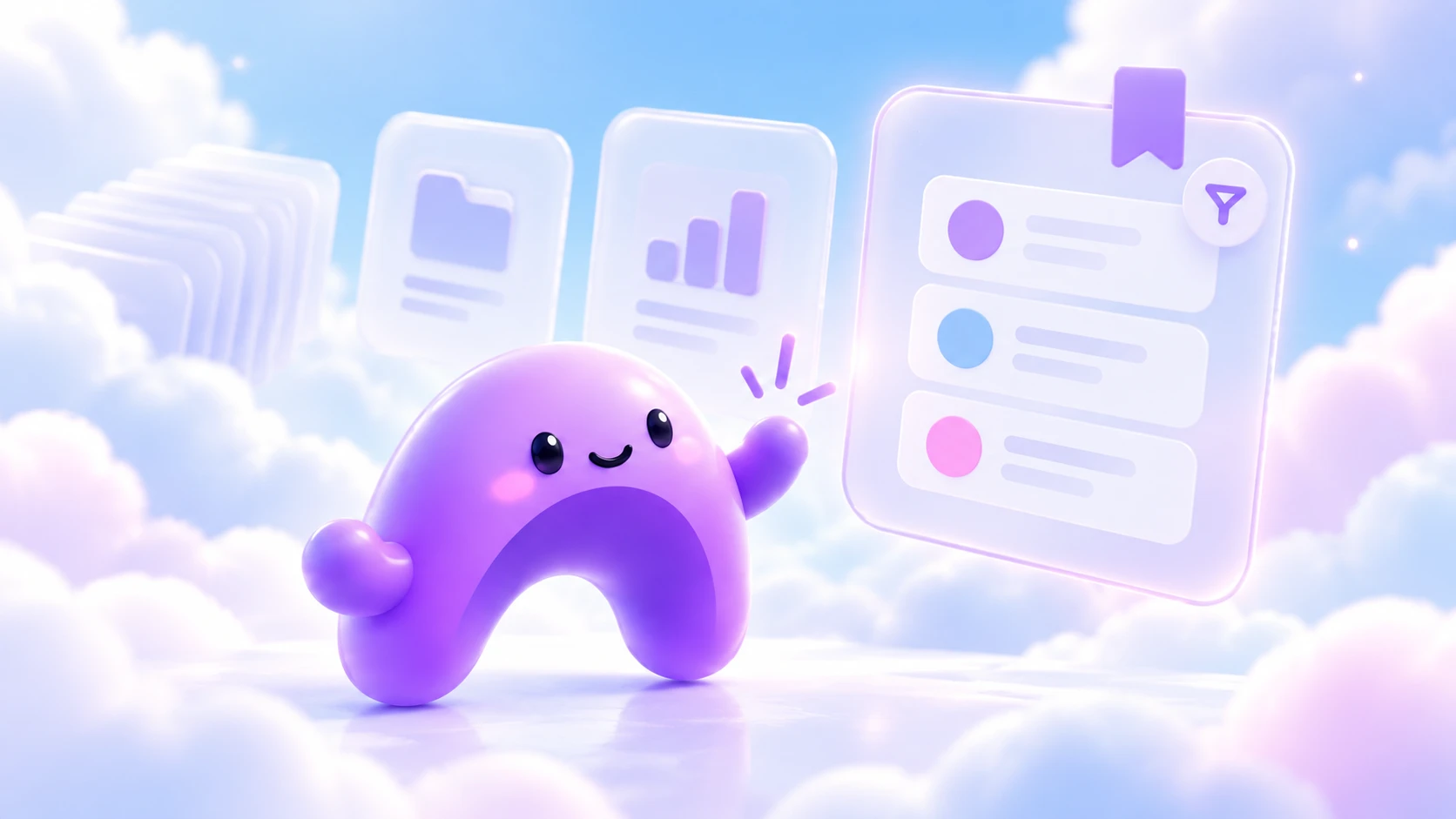 The purple Ariyel character selects a bookmarked view containing a small, organized set of record cards.