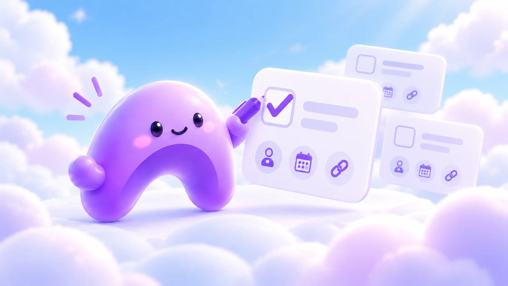 The purple Ariyel character checks off a task card with a person, calendar, and record-link symbol.