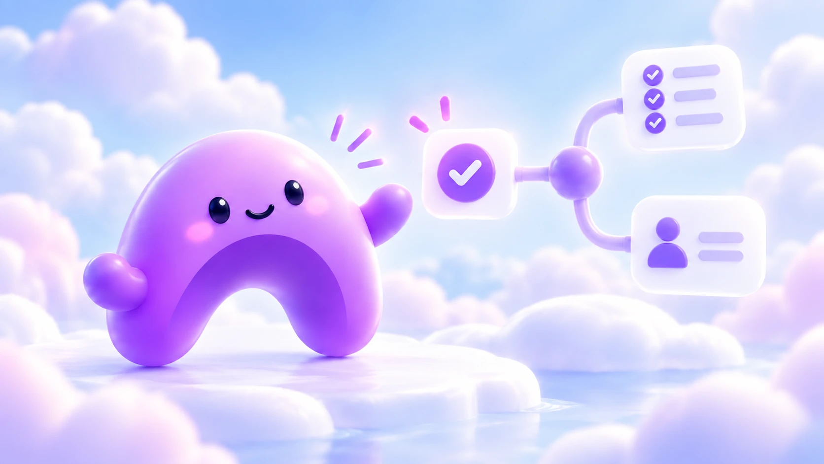 The purple Ariyel character points to connected tiles that branch from a deal checkmark into delivery and task cards.
