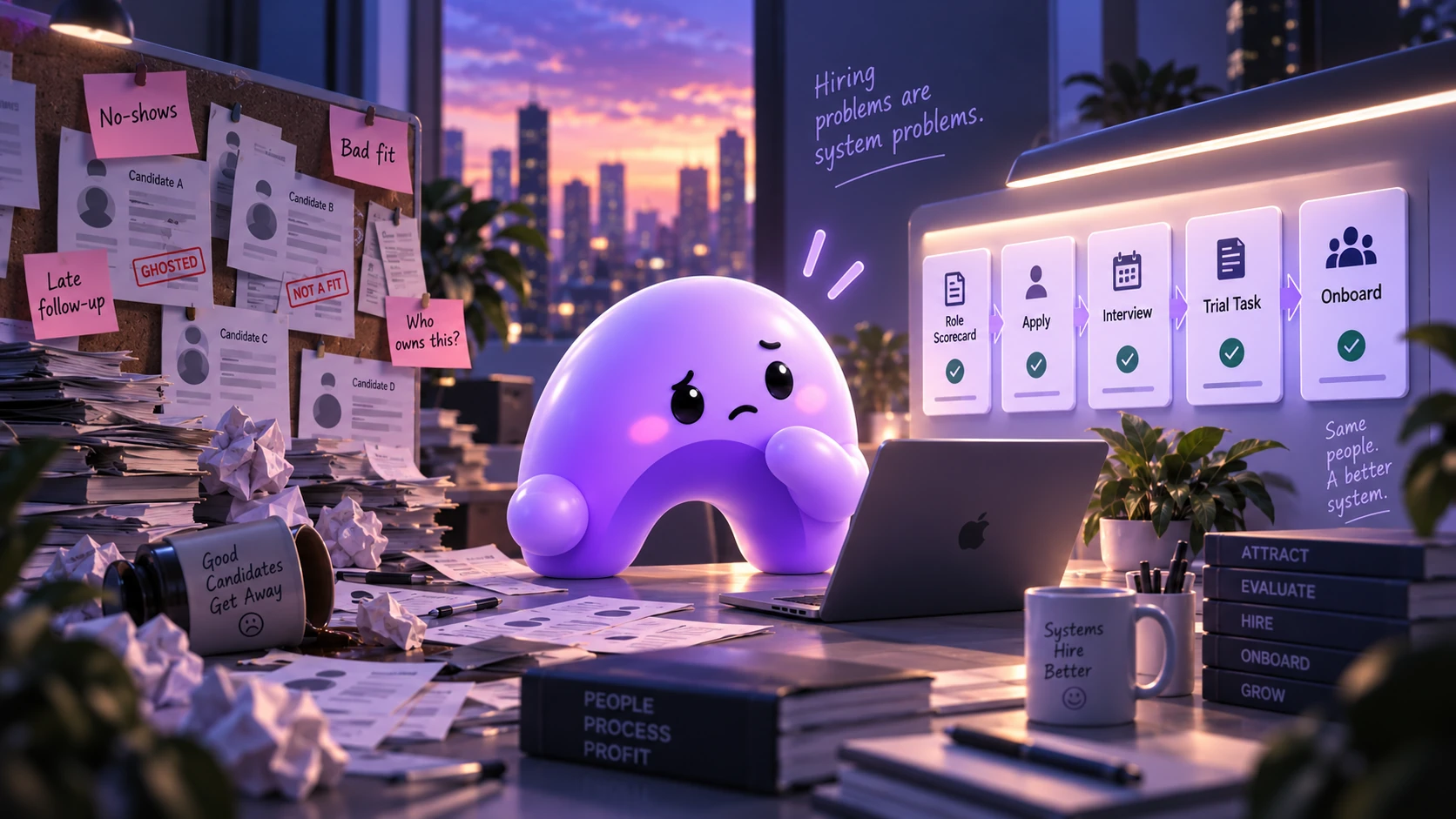 A purple Ariyel mascot compares a chaotic hiring board with a structured process from role scorecard to onboarding.