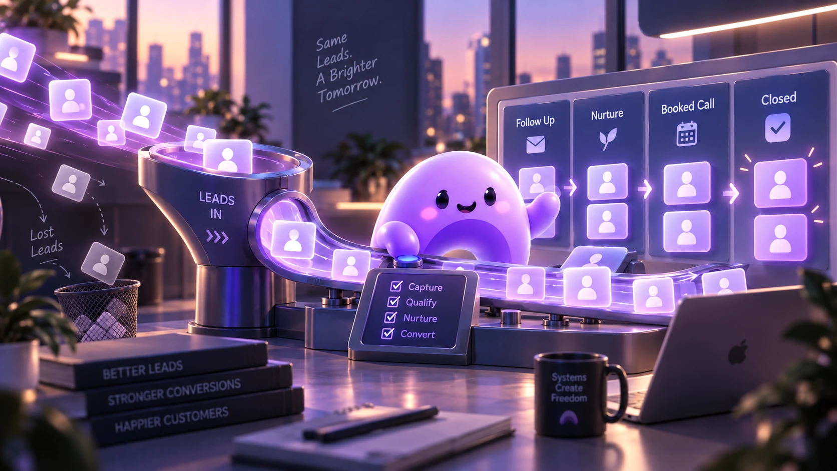 A purple Ariyel mascot guides leads through follow-up, nurturing, booked calls, and closed deals instead of losing them from the pipeline.