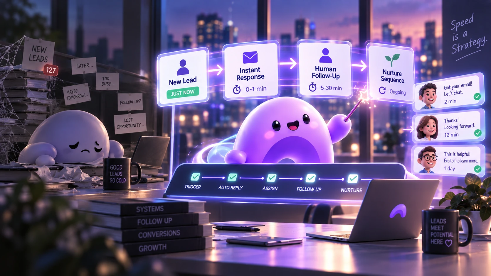 A purple Ariyel mascot routes a new lead through an instant response, human follow-up, and a nurture sequence.