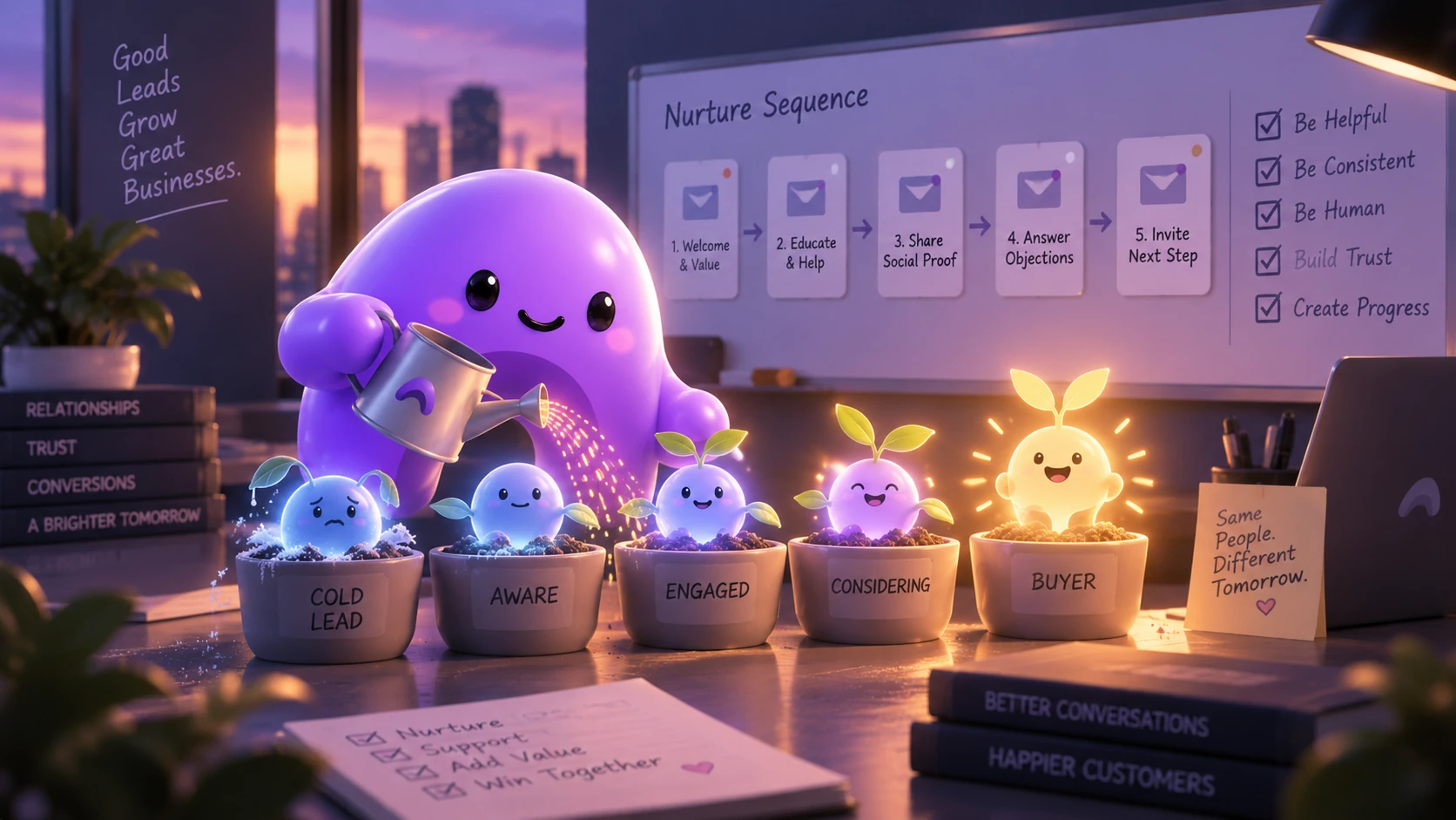 A purple Ariyel mascot waters seedlings representing leads progressing from cold and aware to engaged, considering, and buyer.