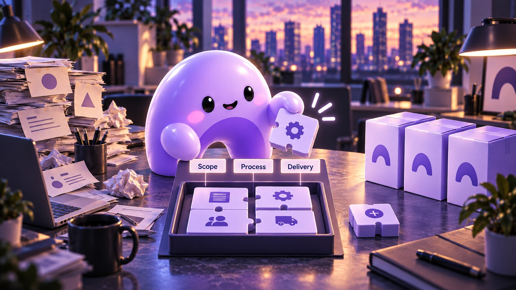 A purple Ariyel mascot turns custom service tasks into a consistent offer with defined scope, process, and delivery.