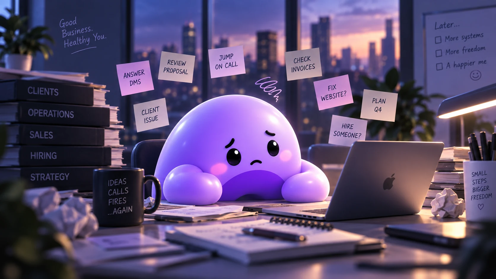 An overwhelmed purple Ariyel mascot at a desk surrounded by sticky notes for calls, invoices, hiring, and client issues.