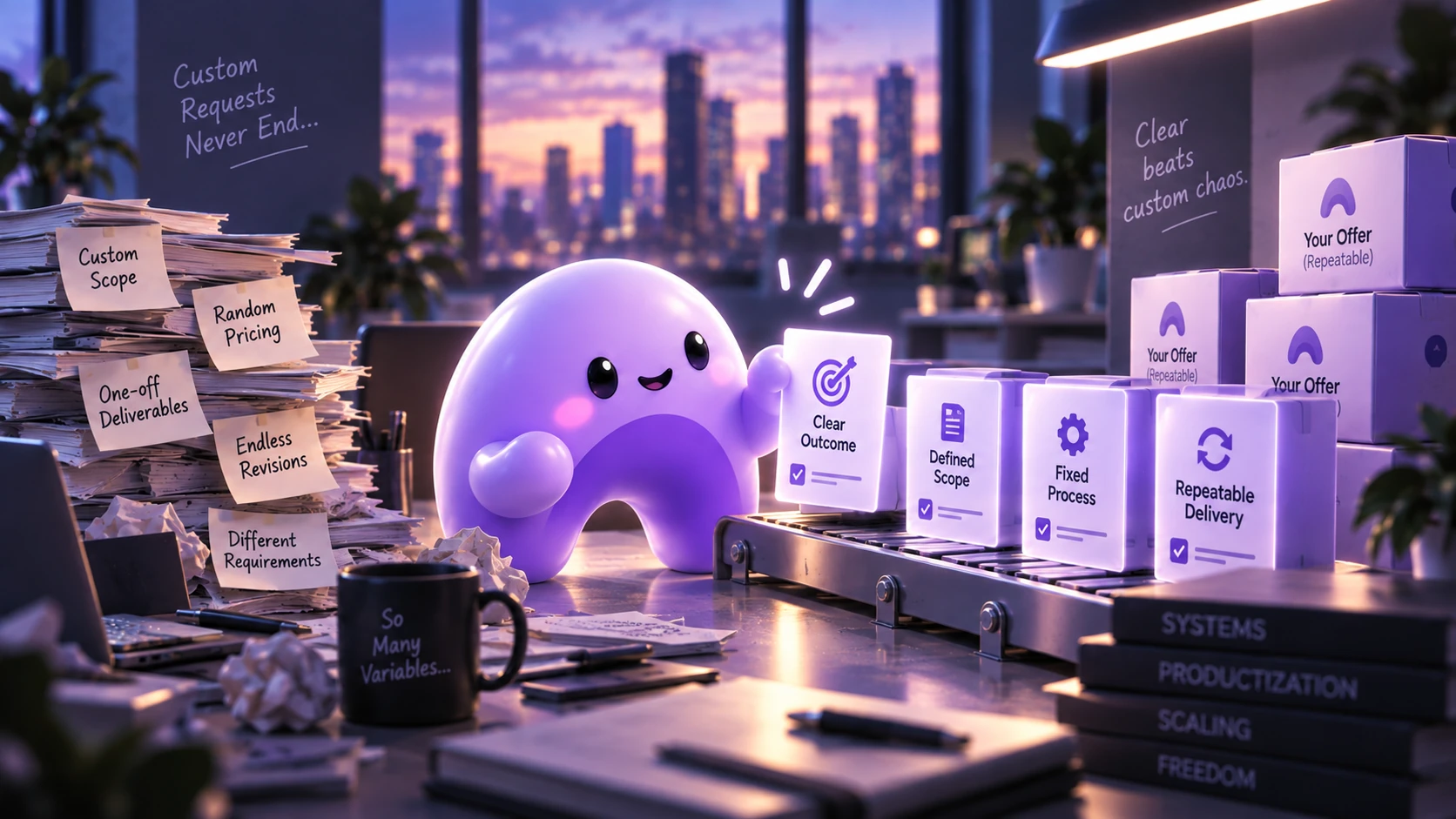 A purple Ariyel mascot turns custom client requests into a repeatable offer with a clear outcome, defined scope, and delivery process.