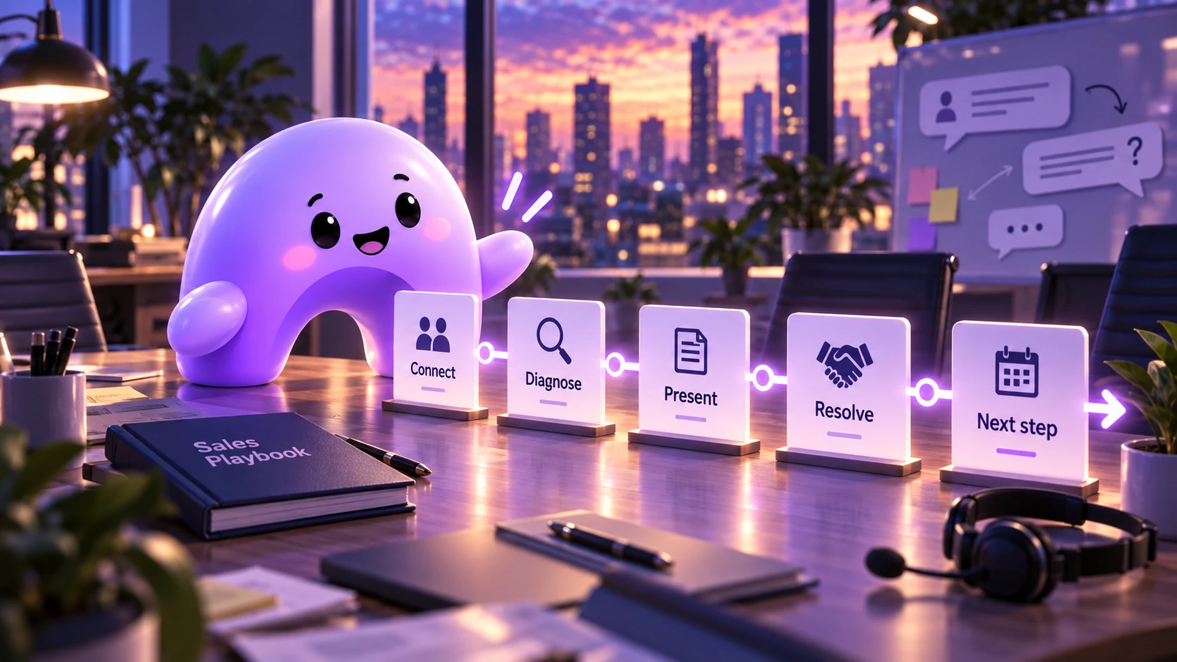 A purple Ariyel mascot guides a connected sales process from first contact through diagnosis, presentation, objections, and a next step.