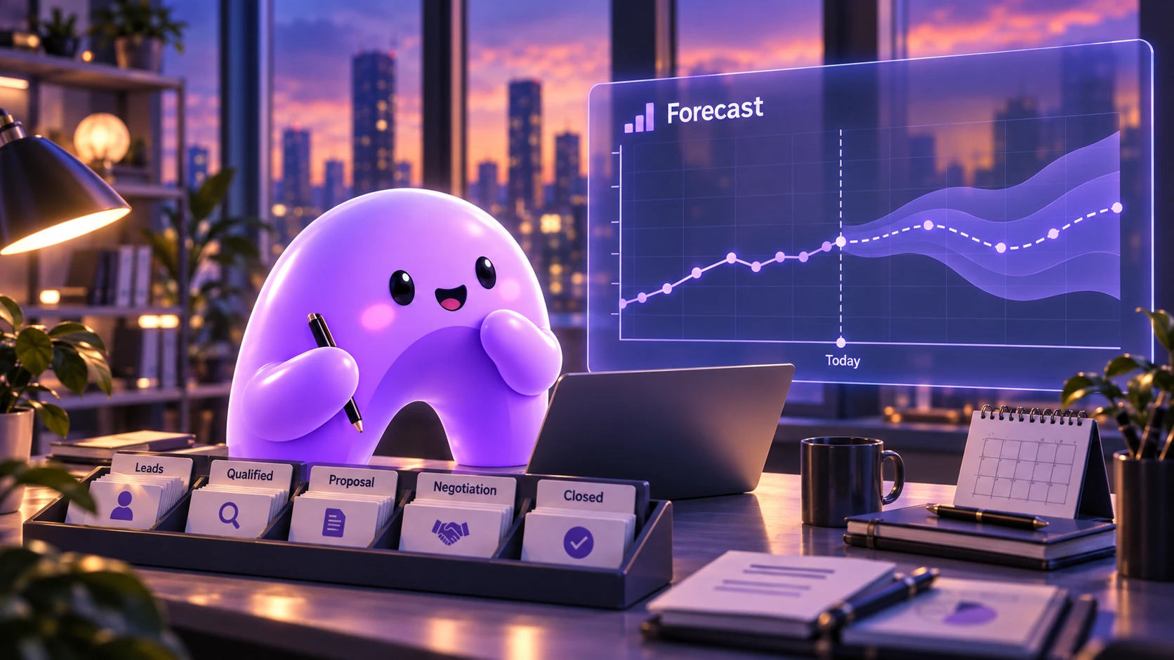 A purple Ariyel mascot reviews a revenue forecast with historical data, a dotted projection, and a widening uncertainty range.