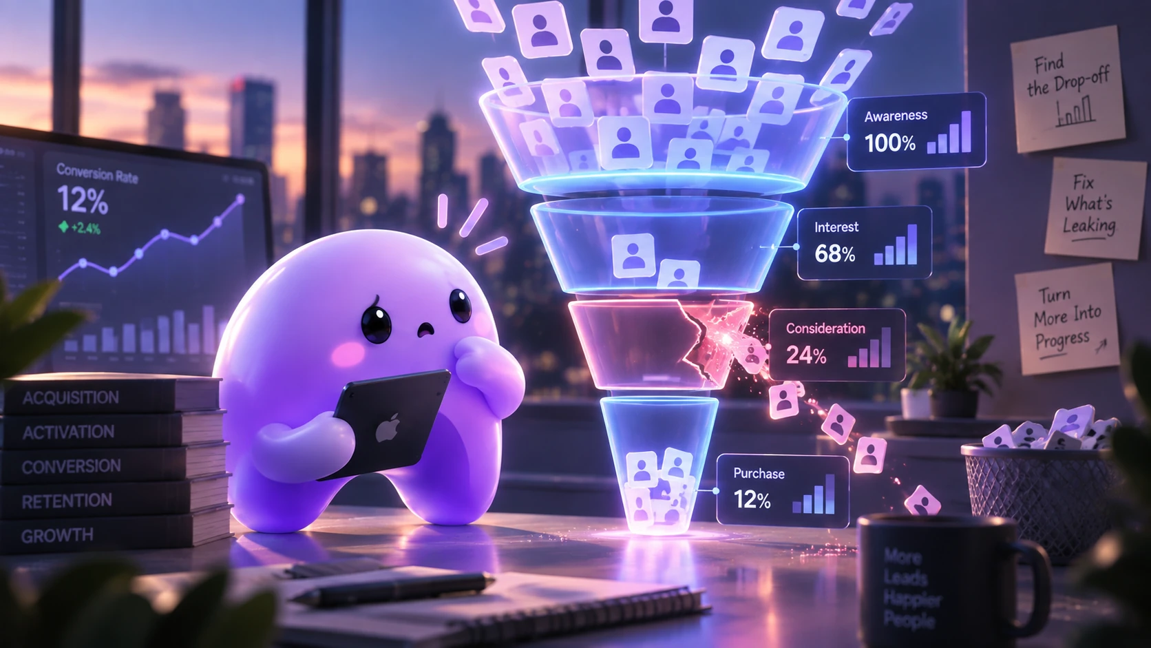 A purple Ariyel mascot studies a sales funnel with a leaking consideration stage and falling conversion rates between each step.