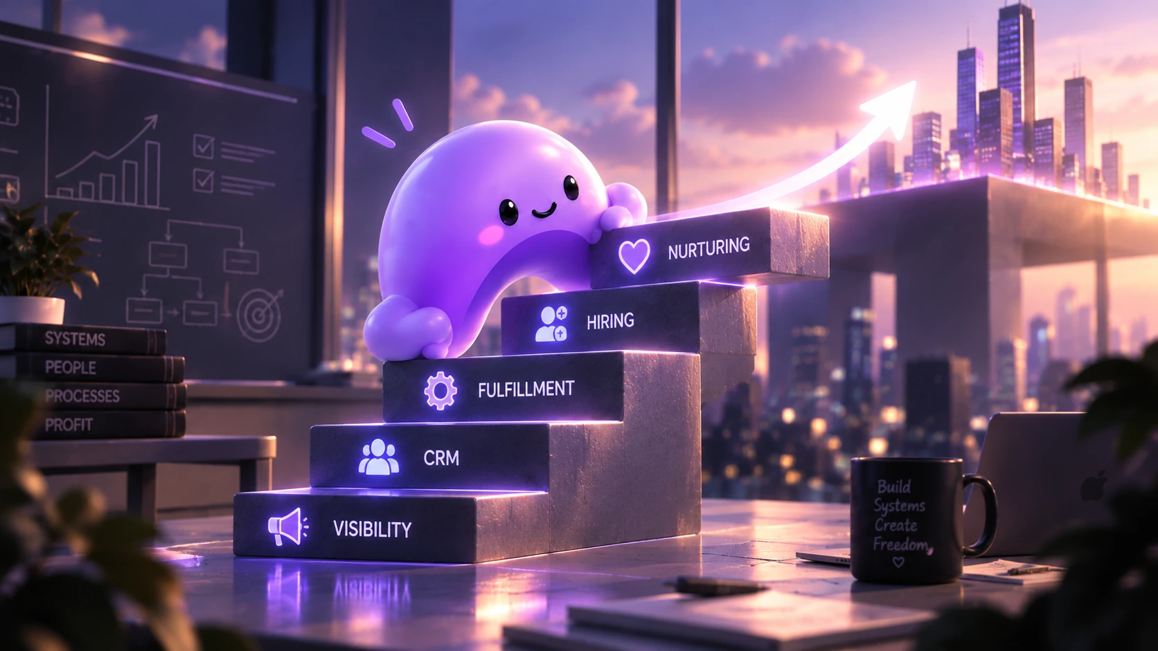 A purple Ariyel mascot climbs steps labeled visibility, CRM, fulfillment, hiring, and nurturing toward a rising growth arrow.