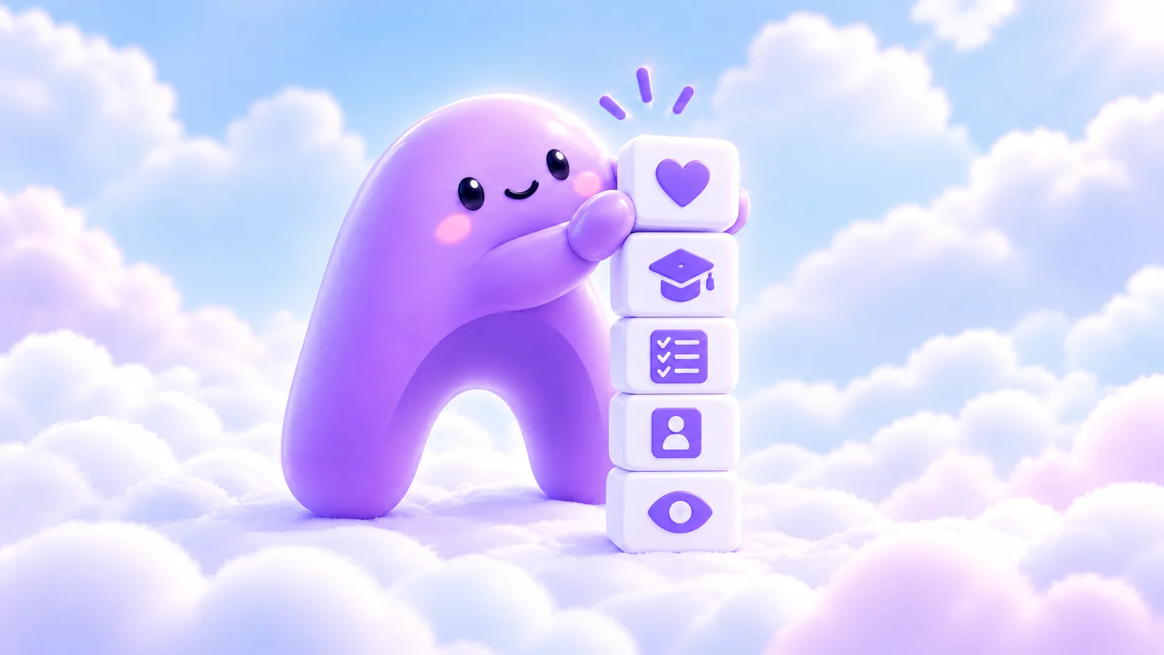The purple Ariyel arch character stacks five white blocks with icons for visibility, people, checklists, training and nurturing into a tidy tower.