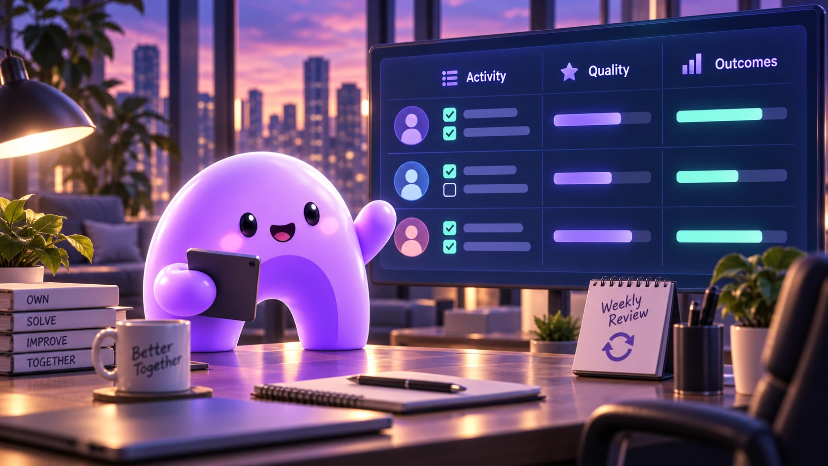 A purple Ariyel mascot reviews a team scorecard showing activity, quality, and outcomes for a weekly performance check-in.
