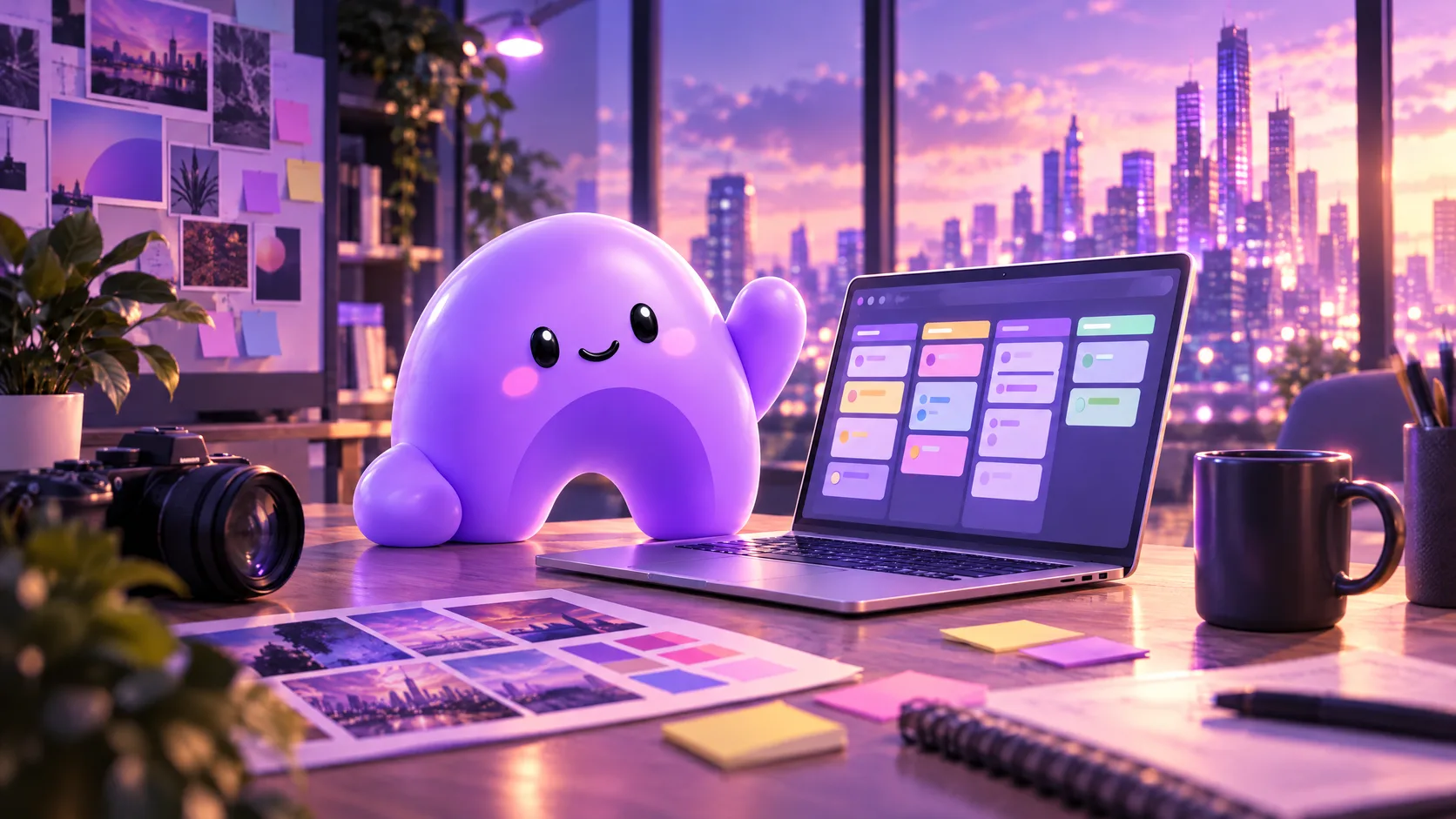 The purple Ariyel mascot waves from an agency desk beside a laptop showing a client board, with a mood board, camera and sticky notes.