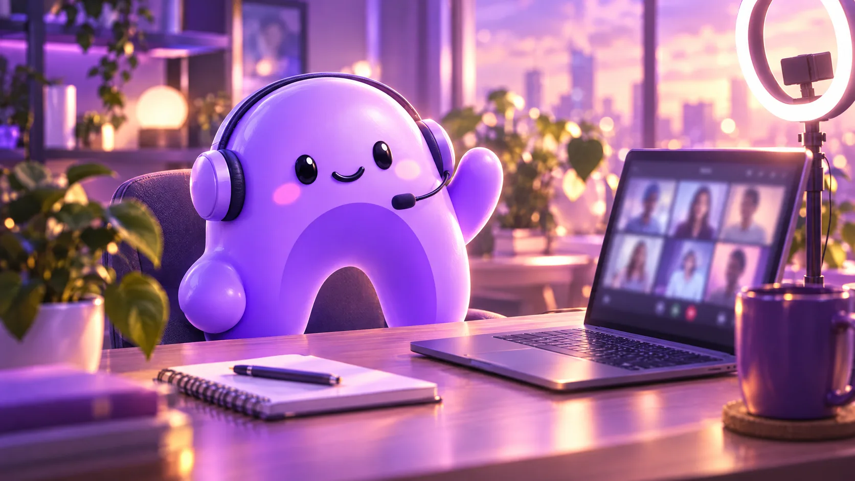 The purple Ariyel mascot wears a headset and waves at a group coaching call on a laptop.