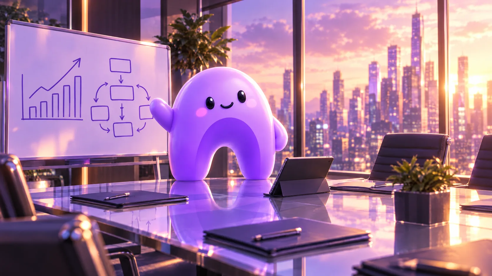 The purple Ariyel mascot presents a growth chart and process diagram in a consulting boardroom at sunset.