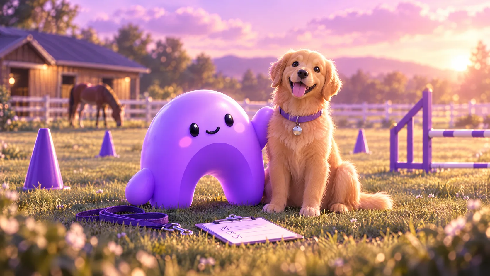 The purple Ariyel mascot sits on a training field next to a golden retriever, with agility gear and a horse grazing by the stable behind them.