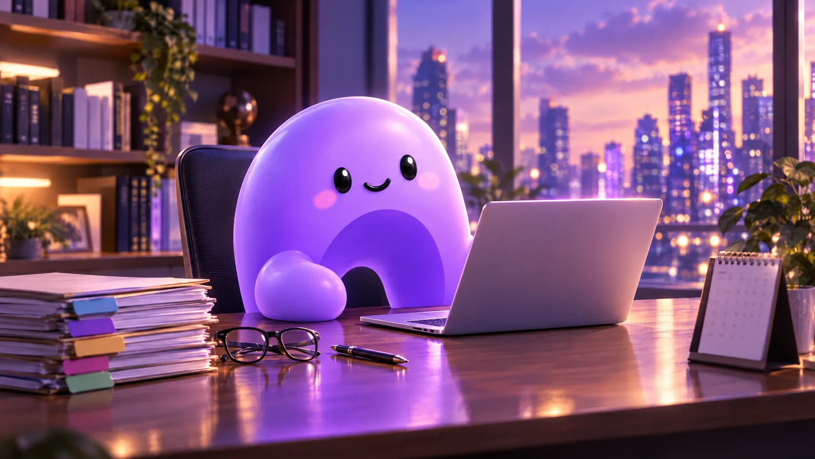 The purple Ariyel mascot works at a tidy desk with client folders, a laptop and a desk calendar in a professional services office.
