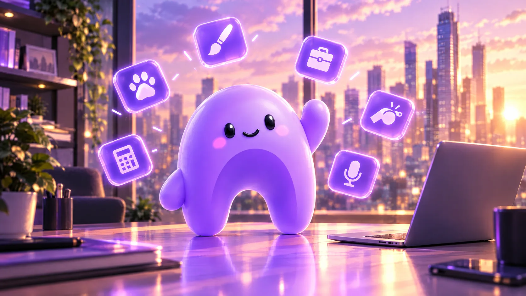 The purple Ariyel mascot surrounded by icons for different service businesses: a dog paw, a paintbrush, a briefcase, a whistle, a microphone and a calculator.
