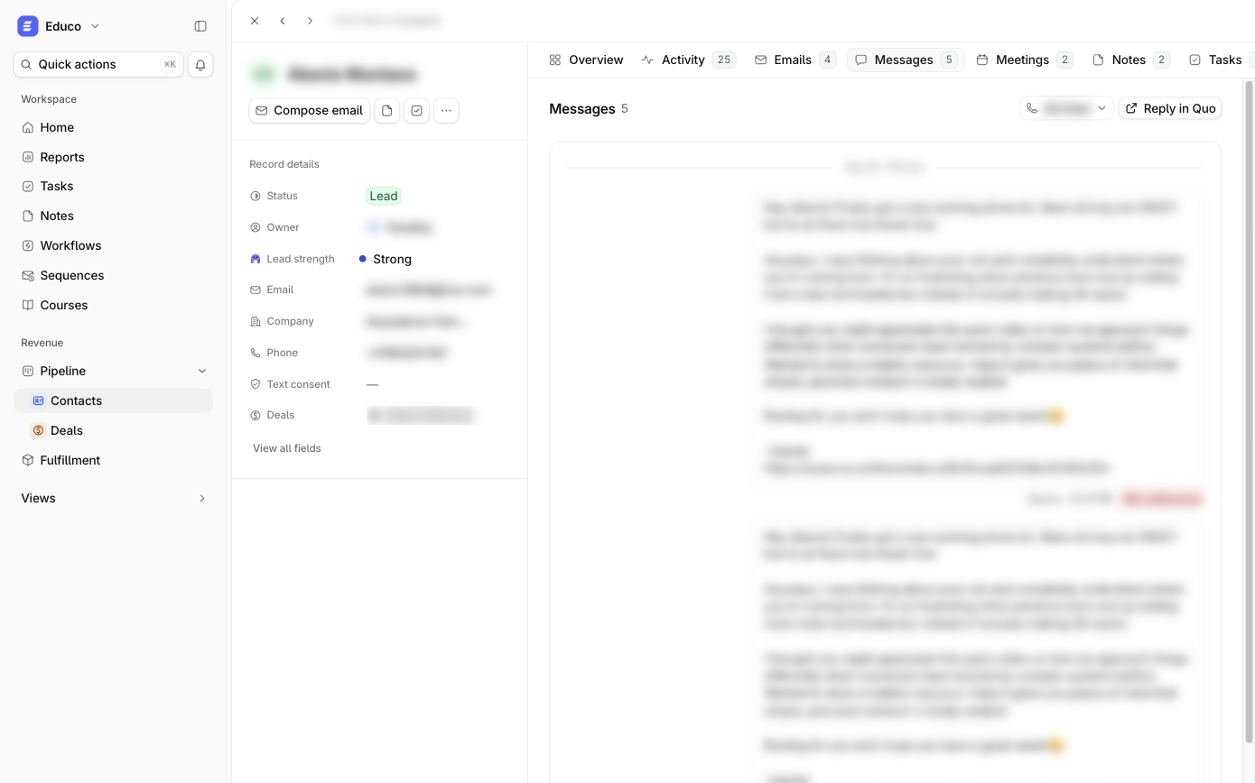 Calls and texts from Quo on a contact in Ariyel (personal data blurred)
