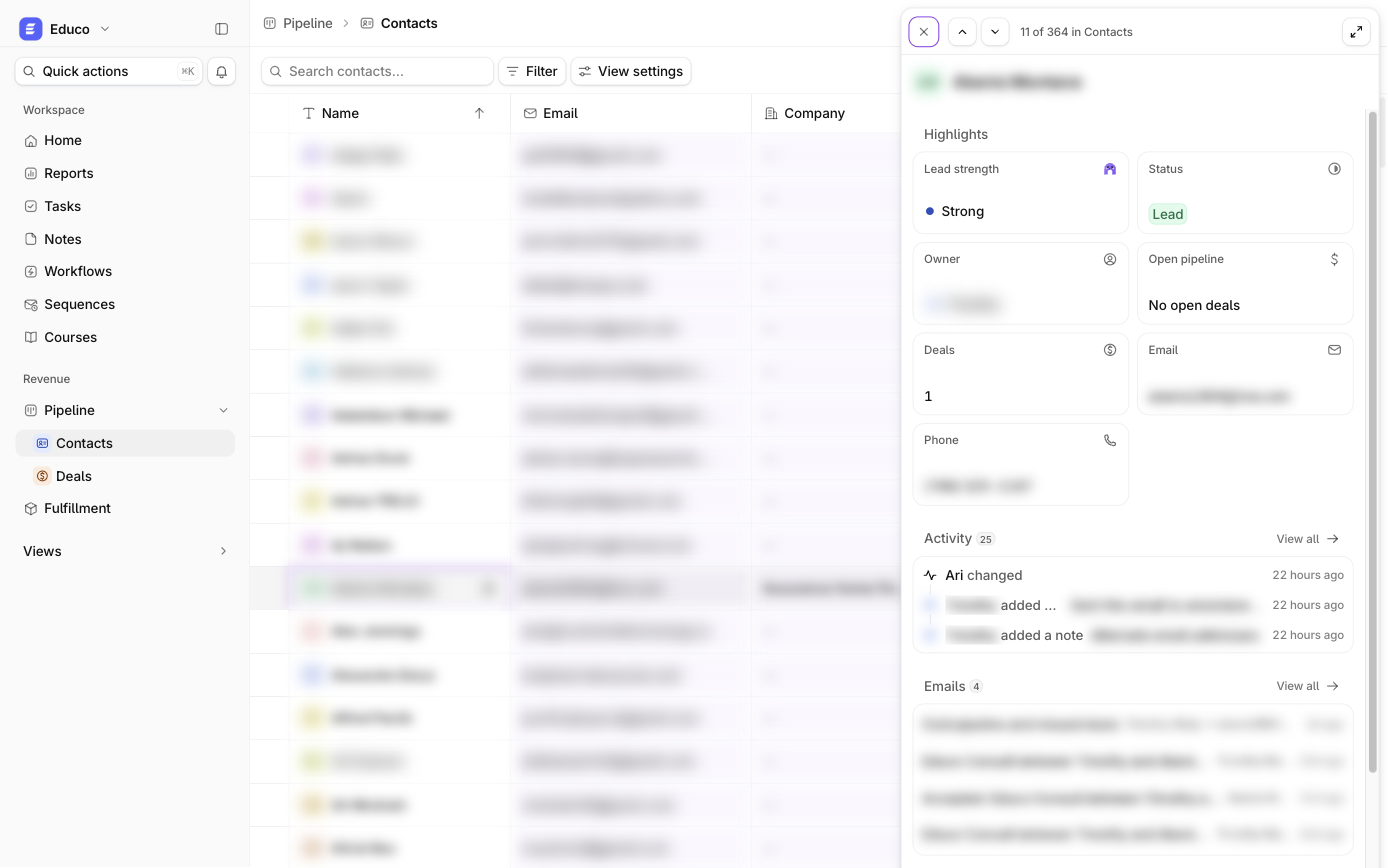 A contact preview in Ariyel with deals, activity and lead strength (personal data blurred)