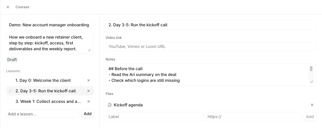 Editing a lesson in Ariyel: title, video link, notes and file links