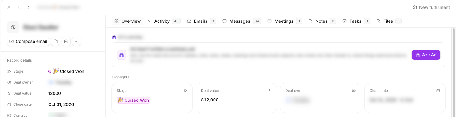 A won deal in Ariyel with the New fulfillment button (personal data blurred)