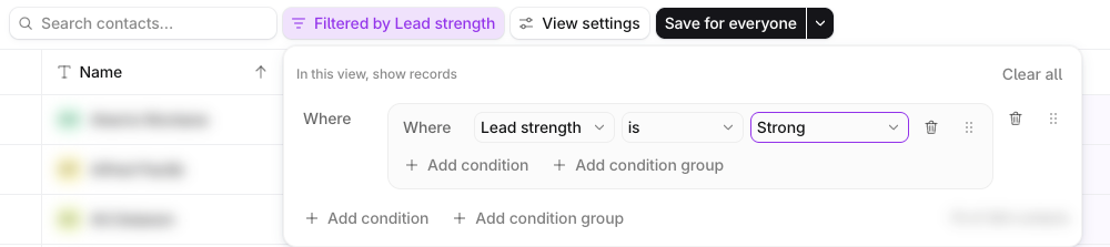 Filtering contacts by lead strength in Ariyel (personal data blurred)