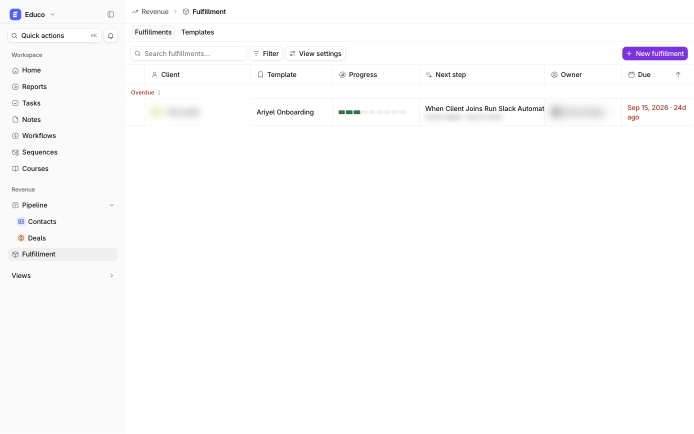 Every client's onboarding in one list in Ariyel (personal data blurred)