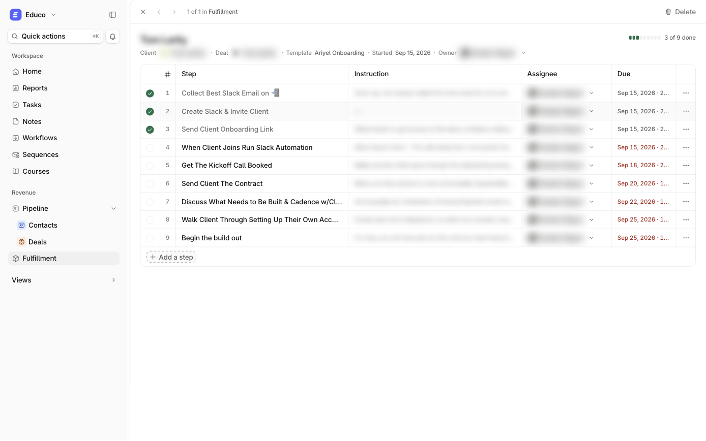A client's onboarding checklist in Ariyel (personal data blurred)