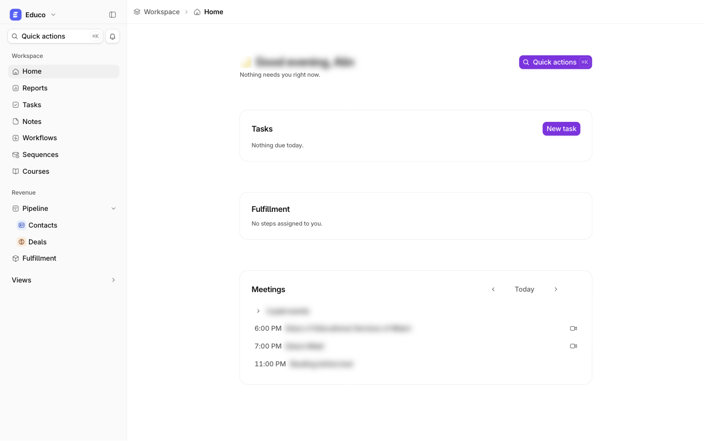 The Ariyel home screen: today's tasks, fulfillment steps and meetings