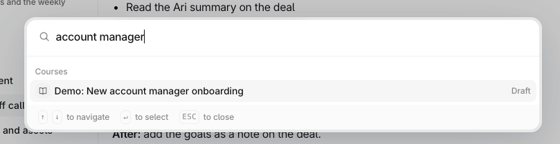 Quick actions (Cmd+K) finding a course by its title