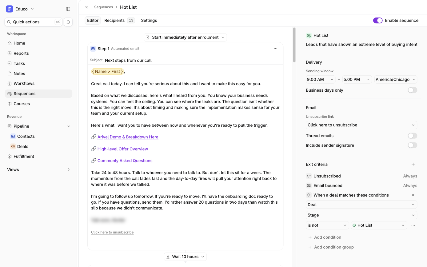 Editing the steps of an email sequence in Ariyel