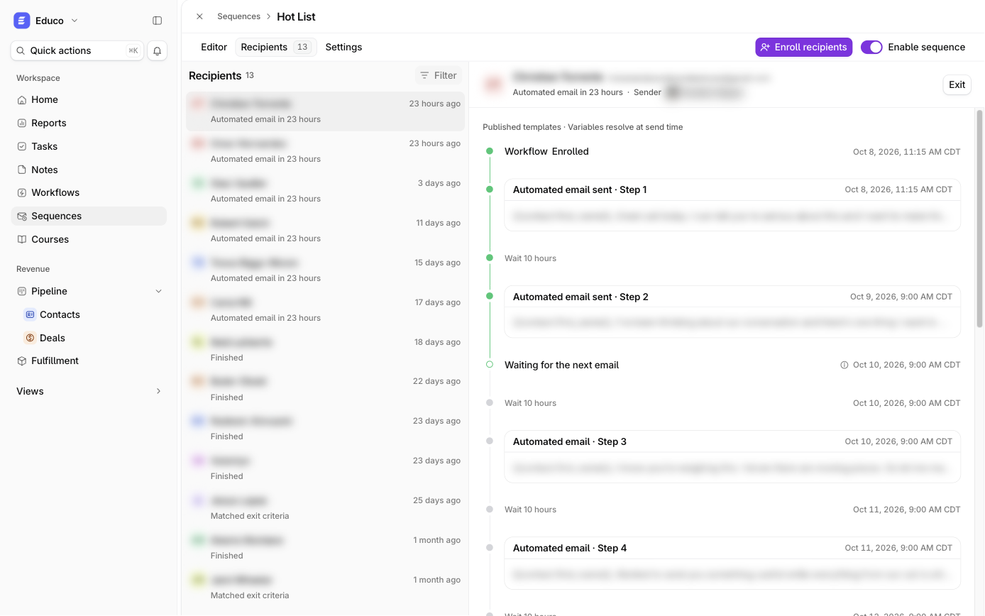 One recipient's journey through a sequence in Ariyel (personal data blurred)