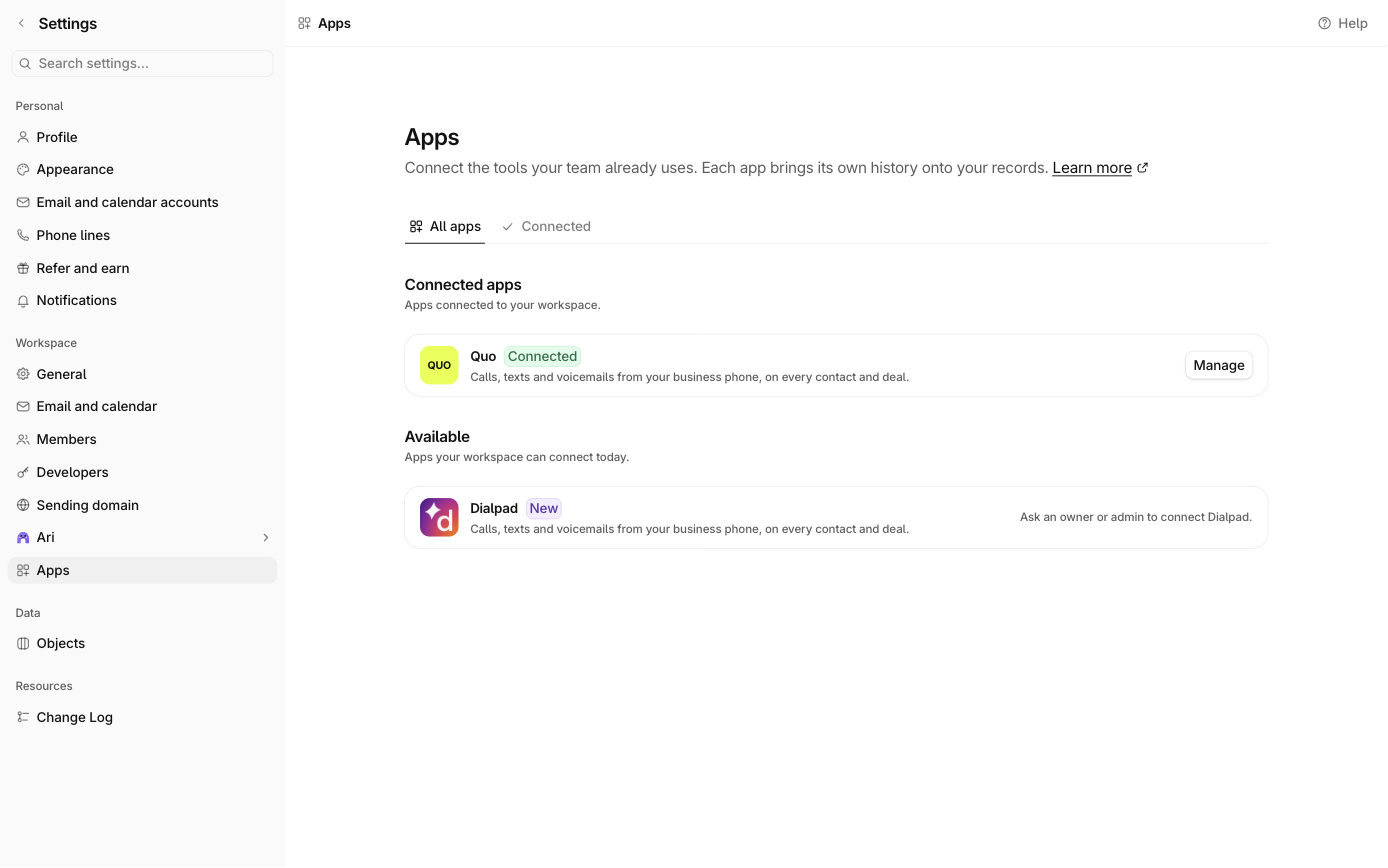 Connecting the phone apps in Ariyel settings
