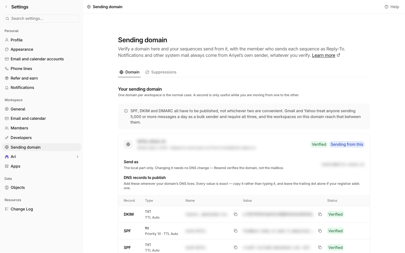 Verifying a sending domain in Ariyel