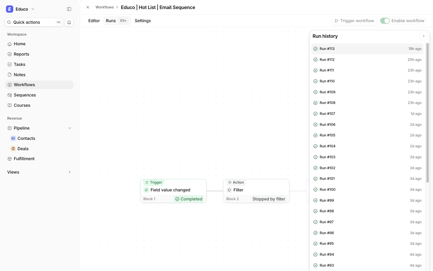 The run history of a workflow in Ariyel